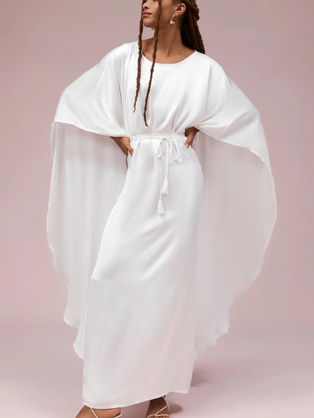 Elegant White Maxi Kaftan Dress with Tassel Waist
